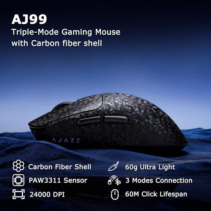 AJ199 Hybrid Wireless Gaming Mouse | Genuine Carbon Fiber Grip Shell | Tri-Mode 2.4G/Bluetooth/USB-C | 60g Balanced Lightweight | 24K DPI PAW3311 | 119mm Compact | PC/Mac/Travel | Black