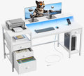 Furologee 60" White Office Computer Desk with 4 Drawers,Gaming Desk with LED Lights and Power Outlets,Long Desk with Fabric File Cabinet,Study Writing Work Table with Shelf for Bedroom Home Office