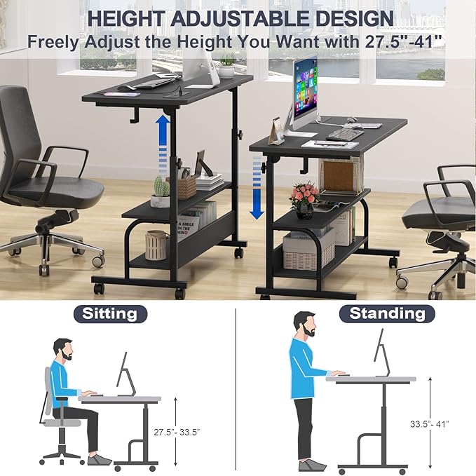 Armocity Rolling Standing Desk with Power Outlets, 39" Manual Height Adjustable Mobile Computer Desk with Wheels, Small Portable Sit Stand Laptop Couch Table for Bed & Sofa Home Office, Black