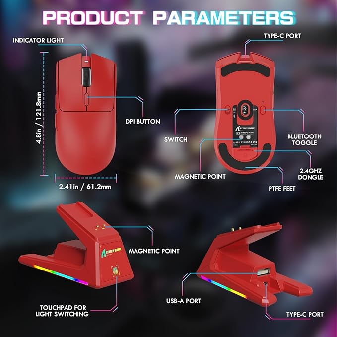 ATTACK SHARK X1 Ultralight Wireless Gaming Mouse with Magnetic RGB Charging Dock,PixArt PAW3395 Pro Sensor,40000DPI,BT/2.4Ghz/Wired,1K Polling,Optical Micro Switch,Web Driver for PC Mac Gamer(Red)
