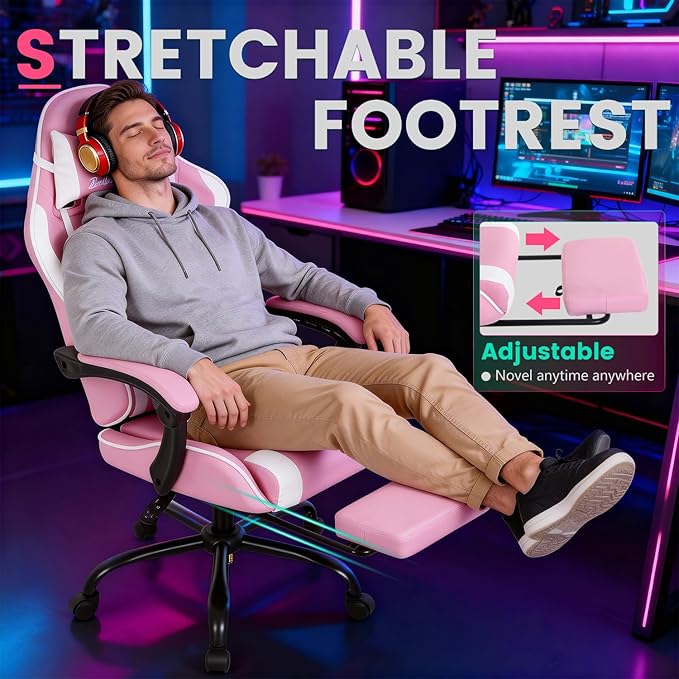 Gaming Chair Office Chair Desk Chair with Footrest Lumbar Support Headrest Armrest Task Rolling Swivel Ergonomic E-Sports Adjustable PC Gamer Chair(Pink)