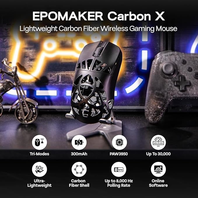 EPOMAKER Carbon X Wireless Gaming Mouse, 400 to 30,000 DPI Adjustable, PAW3950 Sensor, 50g Lightweight, Carbon Fiber Shell, 2.4G/BT/USB-C Rechargeable Wireless Mouse for PC/Mac/Linux (Black)
