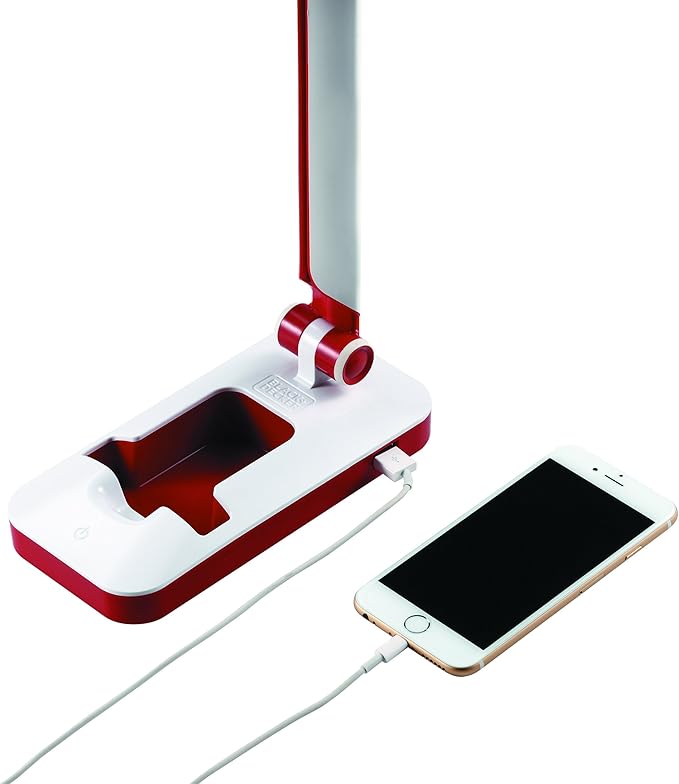 Black and Decker Office LED3FOLD-WHTRED PureOptics Verve 5W Flicker-Free Natural Daylight LED Desk Lamp with USB Charging Port, Phone Stand, 2 Dimming Levels (267 Lumens), 16" x 9" x 3.5" , White/Red