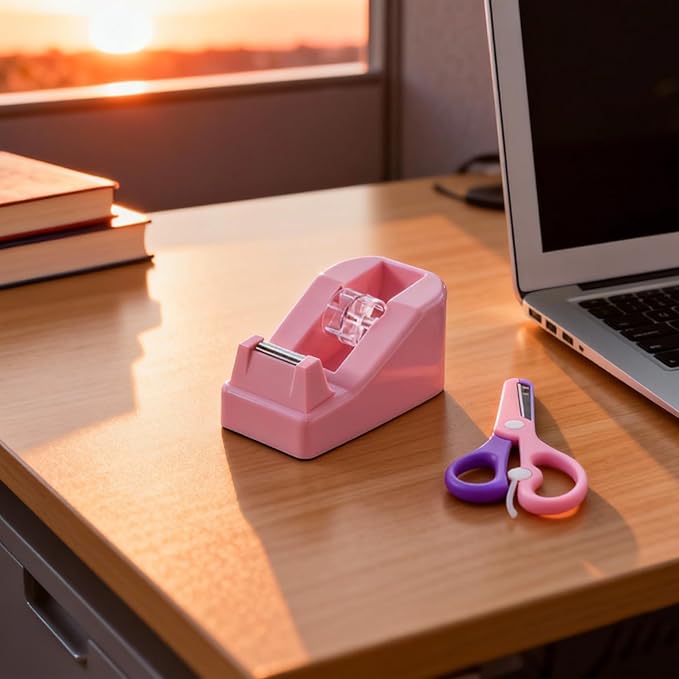 XEUZK Desktop Tape Dispenser Kits with Weighted Nonskid Base Tape Dispenser- Includes 9 Rolls of Transparent Tape(0.71 Inch x 500 inches Each) & Pink Scissors, 2 Pcs Tweezers (Pink)