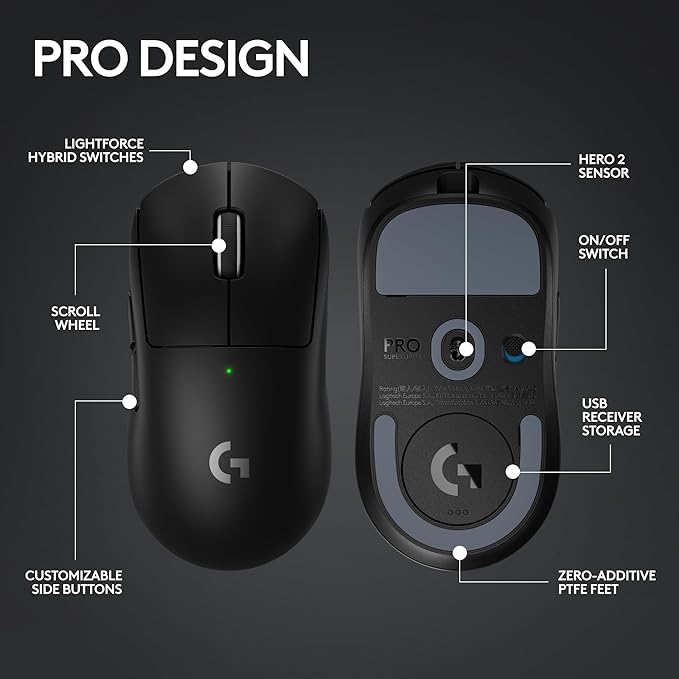 Logitech PRO X Superlight 2 Wireless Gaming Mouse, Black | Ultra-Lightweight, Hero 2 Sensor, 44k DPI, 5 Programmable Buttons, Lightspeed Wireless, PC/Mac | with Signature Series Charging Dock