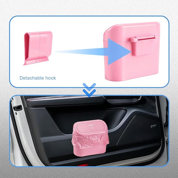 Car Small Trash Can with Lid, Leakproof Mini Car Garbage Can, Waterproof Push Button Easy Empty, Suitable for Desktop Office Bedroom Dorm Home Vehicle with 75 PCS Plastic Trash Bag (Pink)