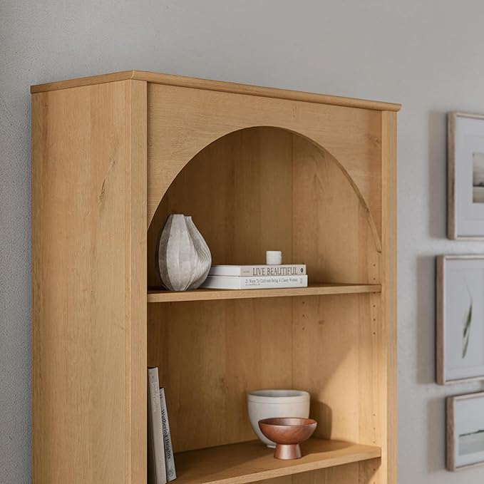 Prepac Ark 78" Tall 5-Tier Arched Bookcase in Natural Oak Veneer, Modern Storage Accent Bookshelf with 3 Adjustable Shelves for Home, Office, Living Room, Bedroom 78”H x 32”W x 13”D