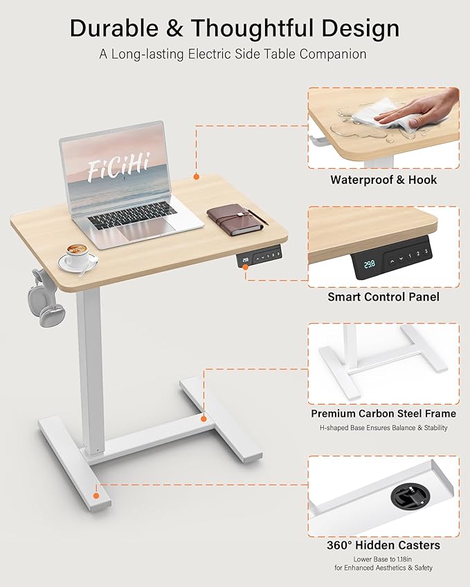 FiCiHi Electric Standing Desk with Wheels – Adjustable Height Mobile Sit-Stand Laptop Table, Portable Rolling Small Computer Workstation for Home Office & Bedside Use (24"x16", Maple)