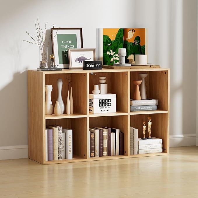 Wooden 6 Cube Storage Organizer with Closed Back Panel, Modern Open Cube Storage Shelf Bookshelf with Compartments, Cube Shelf Organizer for Living Room, Bedroom, Study Room (Wood Color)