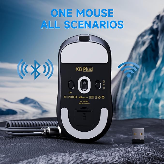 ATTACK SHARK X8Plus 55g Superlight Wireless Gaming Mouse with 40K DPI,PAW 3395PRO Sensor, Broadcom BK52820 Chip,HUANO Switch,Web Driver,Tri-Mode Fit Large Hand Mice with RGB Cable -Black&Sticker