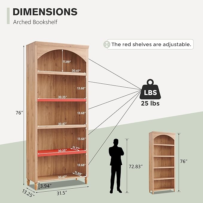 IFGET 76" Tall Arched Bookcase, Farmhouse 5 Tiers Large Arched Bookshelf Cabinet with Adjustable Shelves, Modern Wooden Book Shelf w/Storage and Open Display Shelves for Living Room, Office-Natural