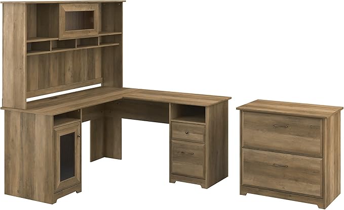 Bush Furniture Cabot 60W L Shaped Computer Desk with Hutch and Lateral File Cabinet in Reclaimed Pine