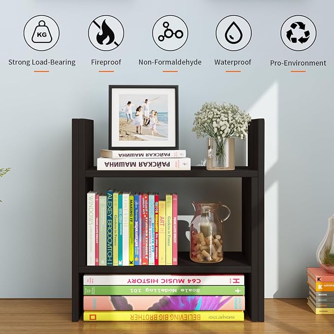 YSJILIDE Wood Adjustable Small Desktop Bookshelf, Expandable Storage Rack, Display Shelf, Office Supplies Organizer (Black)