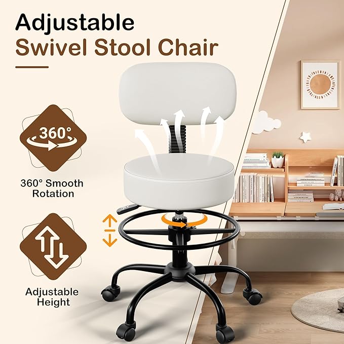 Drafting Chair with Back Support, Adjustable Foot Rest Rolling Stool, 360° Swivel Office Desk Chair with Wheels, Thick Seat Cushion for Home Bar Salon Tattoo Shop (2, White)