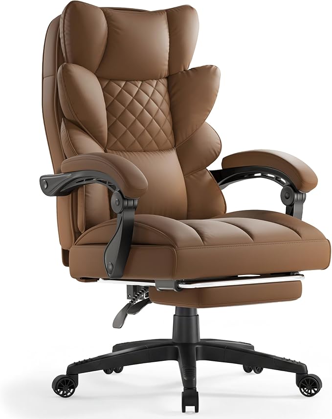 Dowinx Big and Tall Office Chair with Pocket Spring Cushion,High Back Computer Gaming Chairs with Linkage Armrests,Executive Desk Chairs with Footrest,PU Leather-Brown