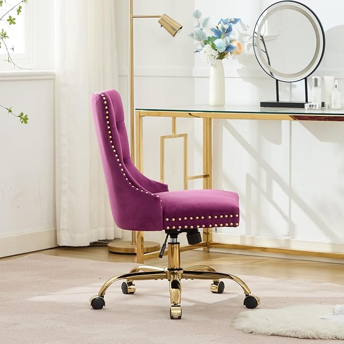 Goujxcy Desk Chair, Modern Velvet Upholstered Tufted Button Home Office Chair, 360° Swivel Armless Desk Chairs, 120°Rocking Ergonomic Computer Task Vanity Chairs, Purple