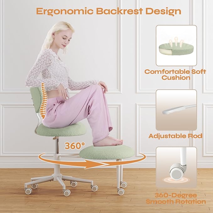 Pinmoco Ergonomic Cross Legged Office Chair with Wheels, ADHD Chair for Adults, Meditation Chair, Yoga Office Chair, Comfortable Back Support, Height Adjustable,Small Spaces, Teddy Fabric, Green