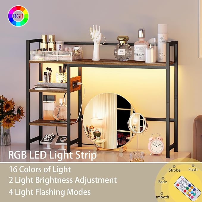 Book Shelf with 3 Tier Open Shelf, Bookcase with Light Strip and Outlet, Bookshelf & Desk Shelfs for Computer Desks, Desk Hutch Bookshelfs for Home Office Adjustable Desktop Shelf Rustic Brown