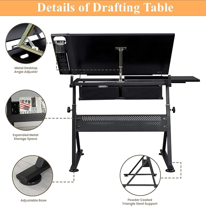 Drafting Table, Height Adjustable Drawing Table Art Table with Stool, 0-75° Tilted Tabletop Artist Desk Painting Table with Storage for Home Office School, Type 4-Black