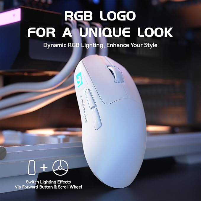 MAMBASNAKE M4 Ultra-Light Wireless Gaming Mouse 52g, 24000 DPI PAW3311 Optical Sensor,2.4G/BT/Wired Ergonomic Computer Mice, RGB Lighting,400mAh Battery, Programmable Mouse for PC/Win/MAC-White