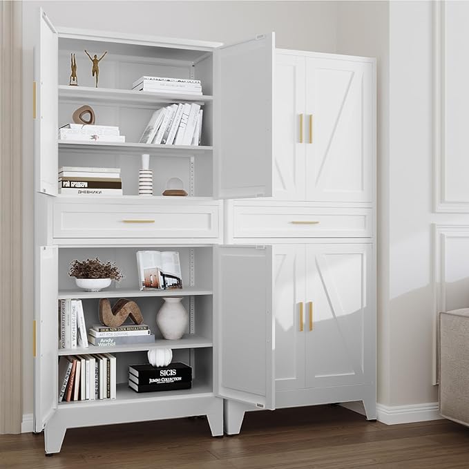 Washsemba 71 "Farmhouse Metal Filing Cabinet with a Drawer and 4 Adjustable Shelves, with 4 Large barn Door White Kitchen Cabinets, Metal Food Cabinets for Home, Kitchen, Dining/Living Room (White)