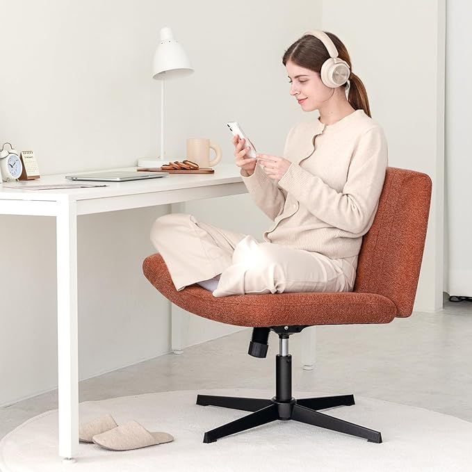 Orange Factory Criss Cross Chair No Wheel Wide Cross Legged Office Desk Vanity Chair Comfy Fabric Armless Adjustable Swivel for Home Computer Task (Brown No Wheel, Classic Fabric)