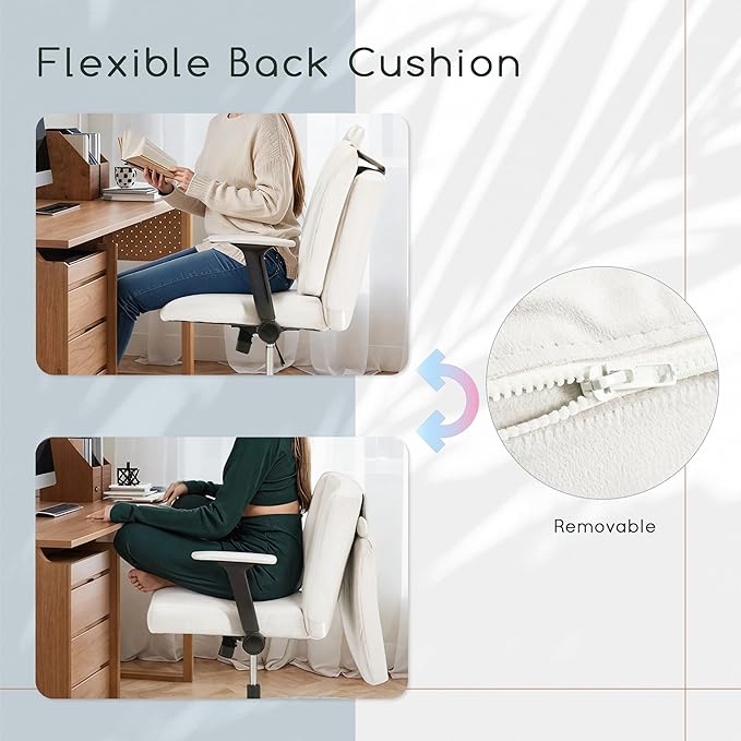HOMREST Criss Cross Chair with Arms and Castors, Plus Size Cross Legged Office Chair with Extra Wide Seat&Flexible Back Cushion, Cute Comfy Desk Chairs for Home Office, Vanity, Gaming,Reading(Beige)