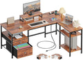 Furologee L Shaped Computer Desk with Power Outlet, Reversible Home Office Desk for Work Study, 50 Inch Corner Gaming Table with File Drawer, Monitor Stand, Storage Shelves, Rustic Brown
