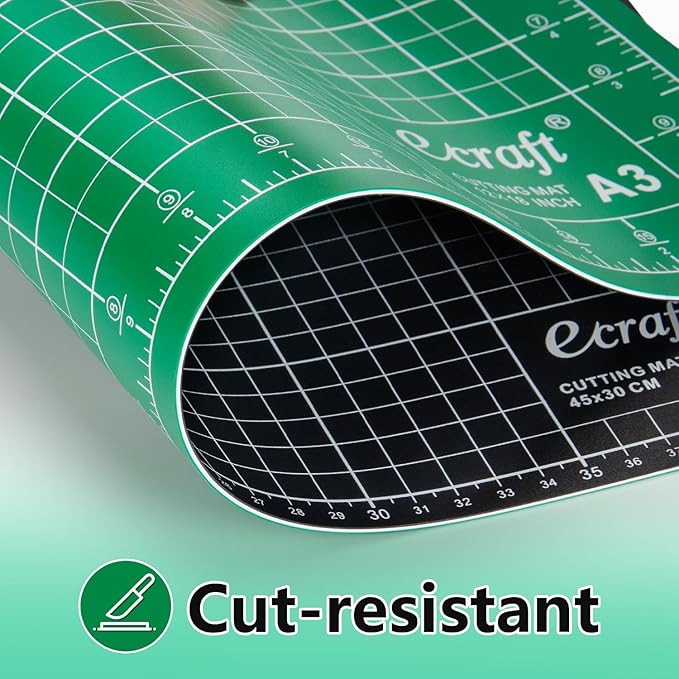 Ecraft Self-Healing Cutting Mat 12x18 Inch, Double-Sided 5-Ply Gridded Rotary Cutting Board, Non-Slip Surface for Sewing, Quilting & Crafts, Green/Black
