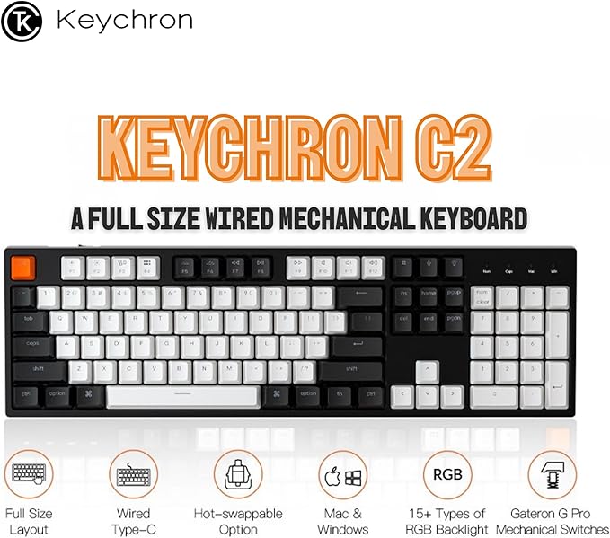 Keychron C2 Full Size 104 Keys USB Type-C Wired Mechanical Gaming Keyboard for Mac Layout, Gateron G Pro Red Switch/RGB Backlight/Double-Shot ABS keycaps Computer Keyboard for Windows Laptop PC