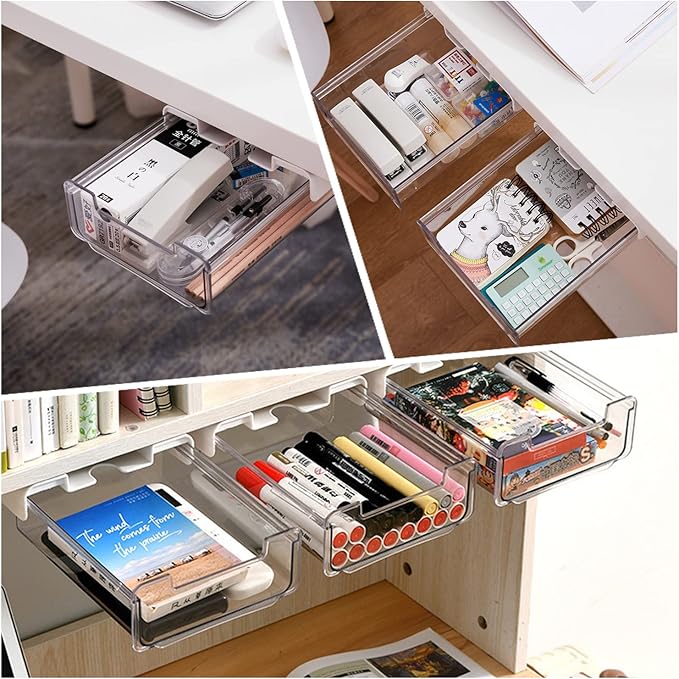 RHBLME 5 Pack Under Desk Drawer, Under Shelf Drawers Slide Out Self-Adhesive Standing Desk Drawer Attachment, Plastic Workspace Organizers for Office Home School