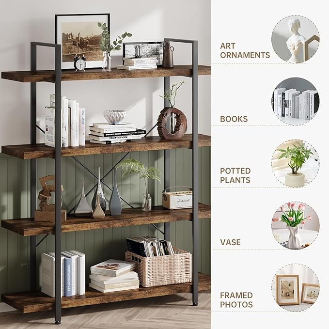 OtterOasis Heavy Duty 4-Tier Industrial Bookcase, 47" Wide Wood Bookshelf for Home Office, 120lbs Shelf Capacity, Rustic Open Shelving Display with Reinforced Horizontal Shelf for Living Room Bedroom