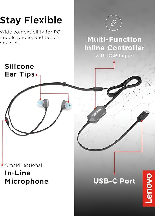Lenovo Legion RGB Gaming in-Ear Headphones with USB-C E510-7.1 Surround Sound, Hi-Res Audio, in-Line Controller with RGB Lights - Compatible with PC, Tablet, Phone
