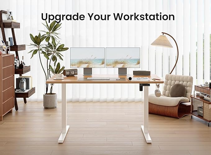 BANTI 63 × 28 Inches Standing Desk, Ergonomic, Electric Height Adjustable, Sit and Stand Up, Computer Desk with a Deeper Desktop, White Frame/Light Rustic Top