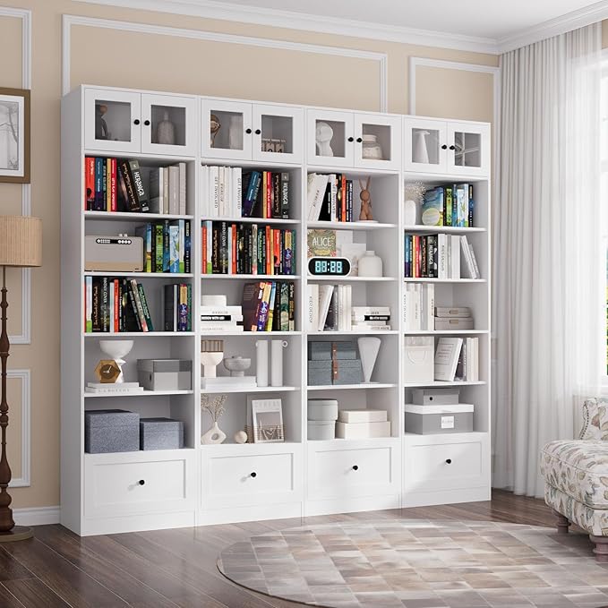 TUSY 85.5 Inch Tall Bookshelf with Doors - 7 Tier Bookcase with Glass Doors and Drawer, 23.6" Wide Storage Cabinet with Open Shelves for Living Room, White Book Shelf for Home Office, Study (BBBB)