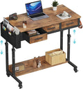 WINAZ Rolling Standing Desk Adjustable Height with Drawers on Wheels, 40 Inch Portable Mobile Stand Up Computer Desks for Bedroom Home Office, Couch Sofa Side Laptop Table with Storage, Rustic Brown