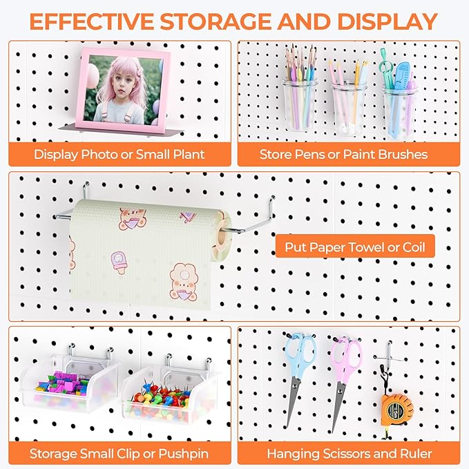 INCLY 70PCS Metal Peg Board Kit with 1/4" Pegboard Accessories, 4 Pack White Pegboard Panels, Bins, Cups and Peg Board Hooks, Paper Towel Holder, Pegboard Wall Organizer for Craft Room, Office, Sewing