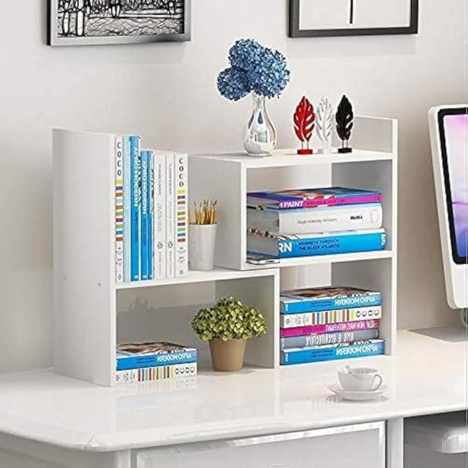 infini Desktop Bookshelf Desktop Shelf Office Storage Rack Desktop Bookshelf Wooden Adjustable Display Shelf Multifunctional Creative Small Bookshelf Organizer (White)