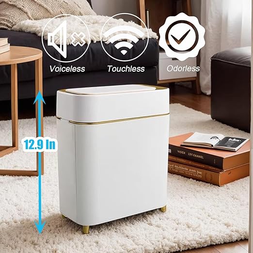 Yatmung 2-Pack - Automatic Compact Trash Can with Touchless Lid Smart Garbage Can - Waste Basket for Bathroom, Bedroom, Laundry Room, Small Spaces - Motion Sensor Trash Bin - White with Gold Edge