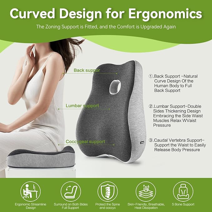 Seat Cushion & Lumbar Support Pillow Set for Office Chair,and Tailbone Discomfort with Lumbar Support Pillow and Seat Cushion - Perfect for Home, and Gaming Chairs Chair Cushion(Light Gray)
