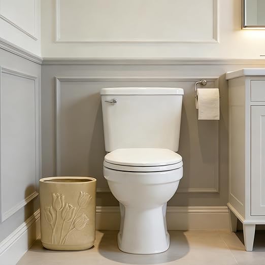 Beige Ceramic Tulips Small Bathroom Trash Can 2.6 Gal (10 Liter) - Heavy & Decorative Garbage Bin for Bathroom, Kitchen, Office, Bedroom & Living Room Corner