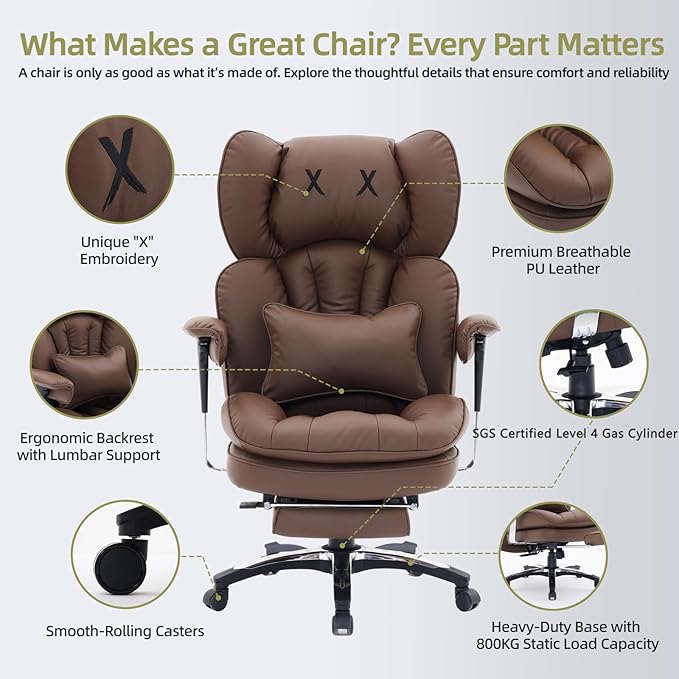 Efomao Desk Office Chair, X-Embroidery Big and Tall PU Leather Home Chair, Adjustable High Back Computer Gaming Chair, 200kg Swivel Executive Office Chair with Footrest and Lumbar Support, Brown