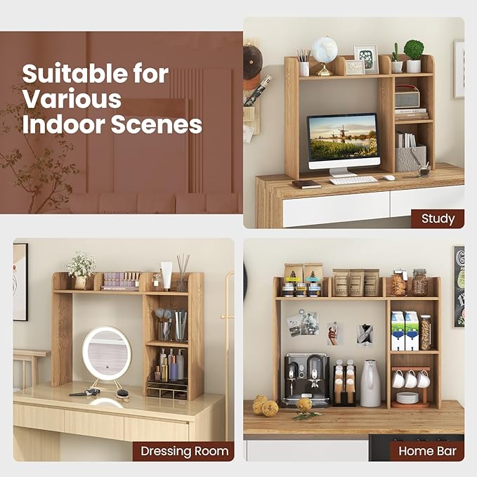 Desktop Bookshelf, 3-Tier Desk Hutch Shelf with 5 Display Rack for Computer Desk, Desk Organizer Shelves for Top of Desk, Dorm, Home, Office (Natural)