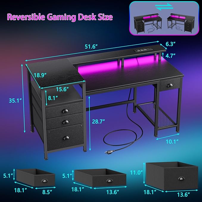Furologee 52'' Gaming Desk with LED Lights and Power Outlets, Reversible Computer Desk with 4 Drawers, Fabric File Cabinet, Printer Space, Shelves and Monitor Stand for Home Office and Bedroom, Black