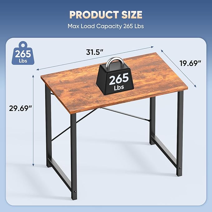 DUMOS 32 in Small Computer Desk for Home Office, Modern Study Work Table Simple Style for Bedroom, Writing Desks with X-Shaped Reinforcement, Rust