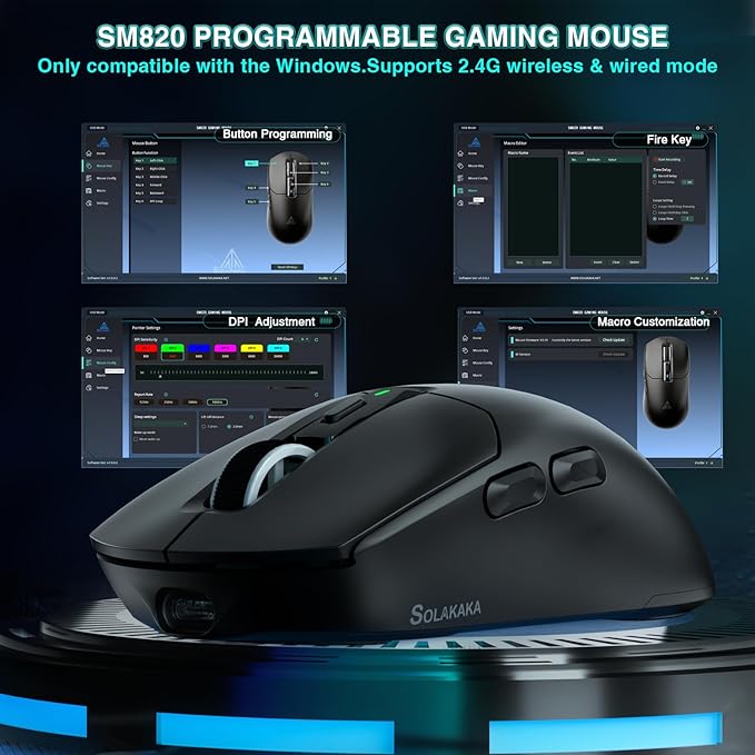 SOLAKAKA SM820 Wireless Gaming Mouse with RGB Charging Dock,24000 DPI Tri-Modes Wireless Mouse with 2 Side Buttons,Programmable Macro Mouse for Gaming(Black)