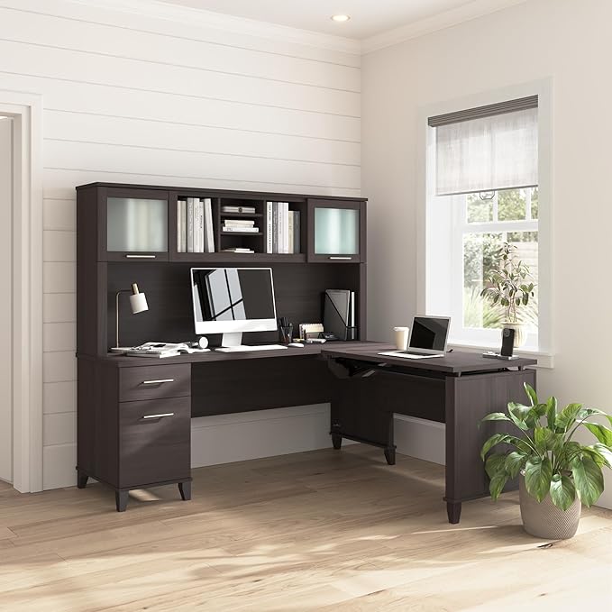 Bush Home Somerset 72W 3 Position Sit to Stand L Shaped Desk with Hutch in Storm Gray | Adjustable Height Table for Home Office