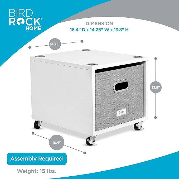 BIRDROCK HOME Rolling File Cabinet – Decorative Storage Shelf w/Removable Bins, Handles, and Wheels – Organize Files, Books, Toys, Under Desk Office Solution, Modern Design - 2 Lateral Drawers, White