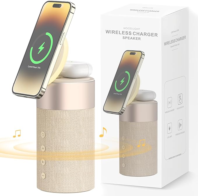 COLSUR Bluetooth Speaker, Magnetic Wireless Charger, Bluetooth Speakers with Night Light, 2 in 1 Wireless Charging Station for iPhone 17/16/15/14/13/12 Series, AirPods Pro 2/4/3/2（Gift Ideal）(Yellow)