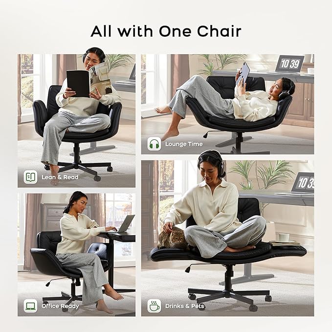 amseatec Criss Cross Chair with Armrests & Wheels, PU Leather Vanity Chair, Comfortable Adjustable Swivel Computer Office Desk Chairs for Home, Make Up, Bed Room (Black)